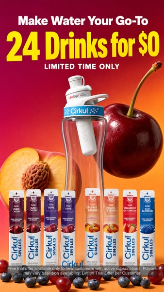 This image ad promotes Cirkul, highlighting an offer for 24 drinks for $0. The ad features the Cirkul water bottle with 