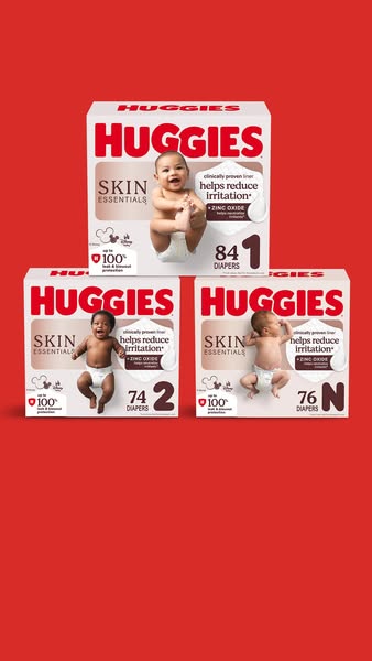 A straightforward product display showcasing the Huggies Skin Essentials diapers, emphasizing their clinically proven ab