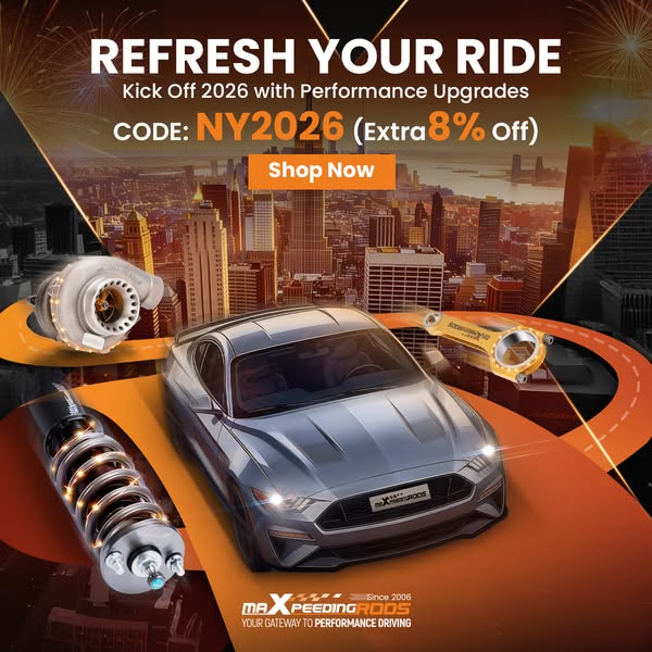 The ad features a silver car with several car parts floating around it to showcase MaxpeedingRods' products, along w