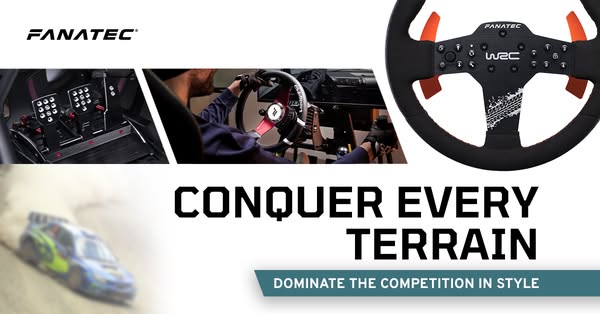 This image ad showcases Fanatec's gaming racing setup which includes pedals and a steering wheel. The ad emphasizes 