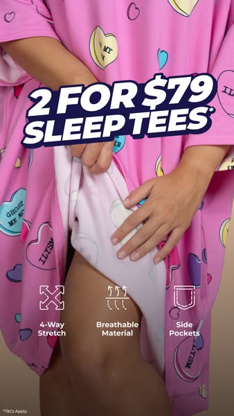 This ad showcases a woman wearing a pink sleep tee covered in cartoon heart candy. It advertises a promotion of two slee