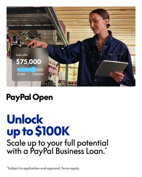 This image ad for PayPal Open promotes business loans up to $100,000, emphasizing the potential for business growth and 