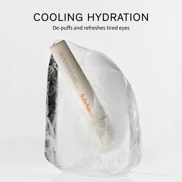 Image of Sulwhasoo First Care Activating Eye Serum in an ice cube with text that reads, "Cooling Hydration. De-puff