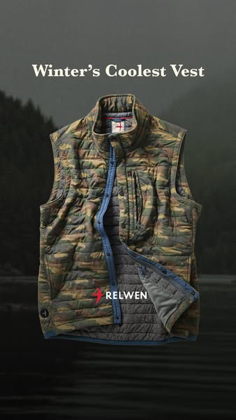 This ad showcases a Relwen vest, highlighting its style and suitability for winter.
