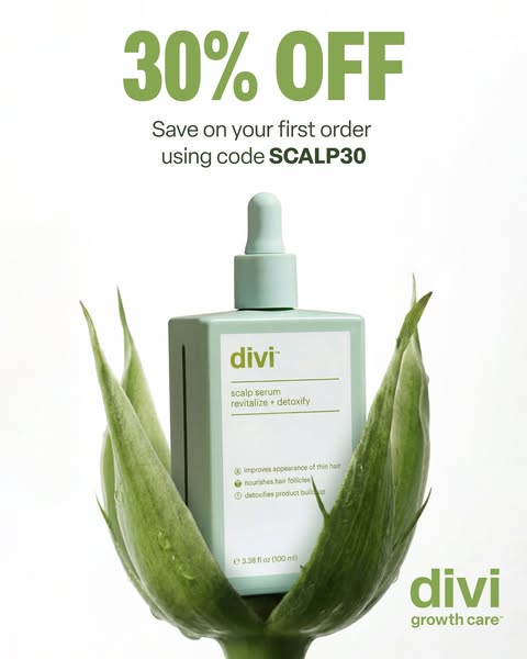 The ad is for Divi Scalp Serum. It features a sale of 30% off the first order using the code SCALP30. The Divi Scalp Ser