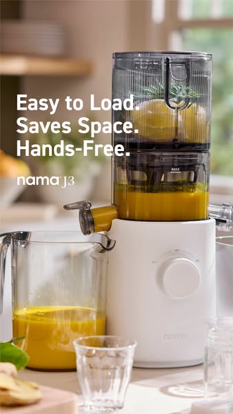 This ad showcases the Nama J3 juicer and highlights that it is easy to load, saves space, and is hands-free.