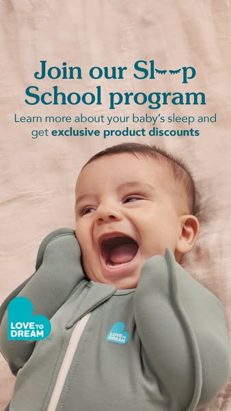 An advertisement for the Love To Dream "Sleep School Program" that is shown over the image of a baby wearing t