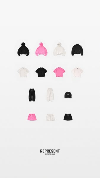 This ad showcases the various apparel products available from Represent Owners Club, including shirts, shorts, hoodies, 