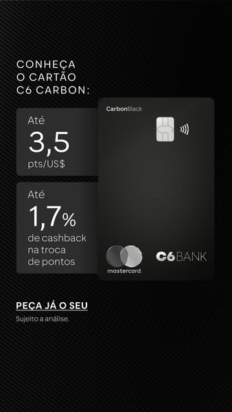 This ad promotes the C6 Carbon credit card, emphasizing its rewards program with points and cashback, with a call to act