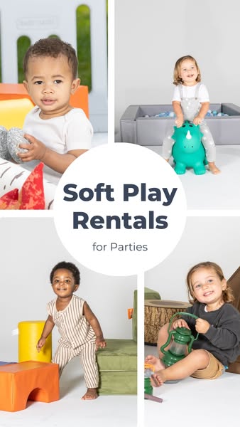 This ad shows four images of children interacting with soft play equipment. The central message is 'Soft Play Rental