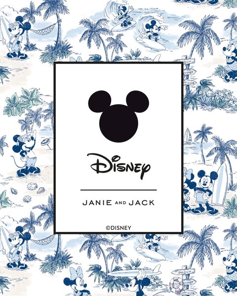 This ad features a Disney brand showcase for Janie and Jack, using a Mickey Mouse themed design with a tropical pattern.