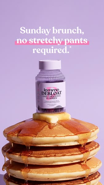 This image ad promotes Lemme Debloat Daily Digestive Gummies. It features a stack of pancakes with butter and syrup, wit