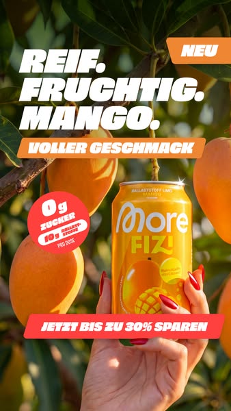This image ad showcases the 'More Fizi' mango flavored drink, highlighting its zero sugar content and fiber cont