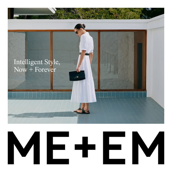 This image ad features a woman in a long white dress with a black purse and black sandals. The text overlayed in the ima