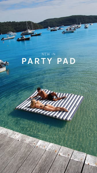 This ad features a party pad being used in a body of water on a sunny day. The ad intends to promote the party pad as a 