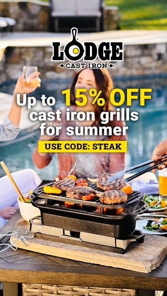 This image ad promotes Lodge cast iron grills. The ad features a cast iron grill on a table outdoors, with the grill in 