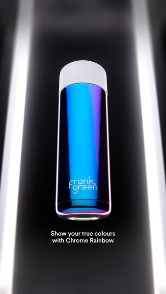 This ad showcases the Frank Green Chrome Rainbow reusable bottle. The ad uses a simple product shot with a dark backgrou