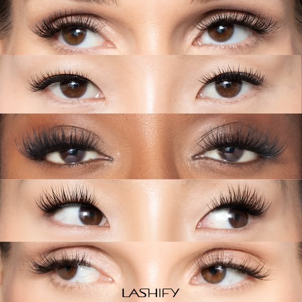 This ad showcases multiple pairs of eyes wearing different styles of Lashify's lash extensions.