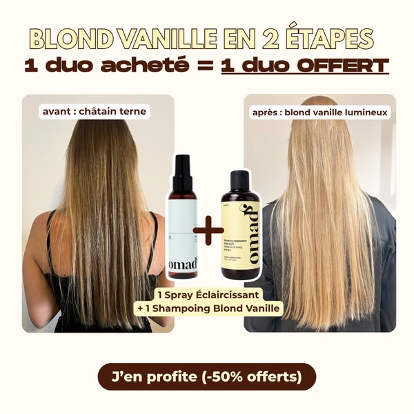 This image ad showcases the Omad brand's hair lightening products, presenting a before-and-after transformation of a
