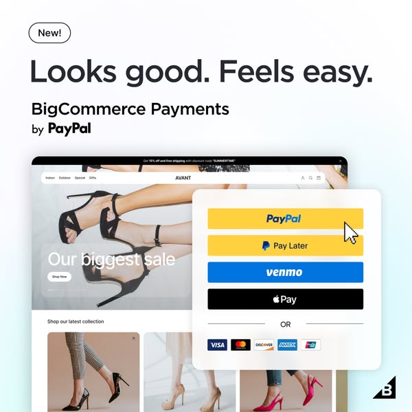 This ad promotes BigCommerce Payments by PayPal as a seamless payment solution. The visual features a website interface,