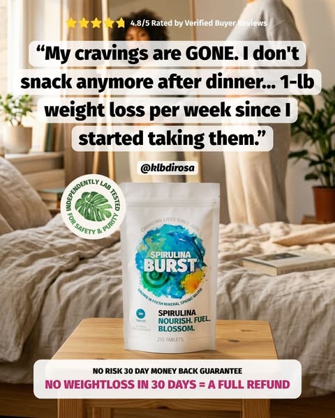 This image ad features a testimonial from a customer who claims that Spirulina Burst tablets have helped her eliminate c
