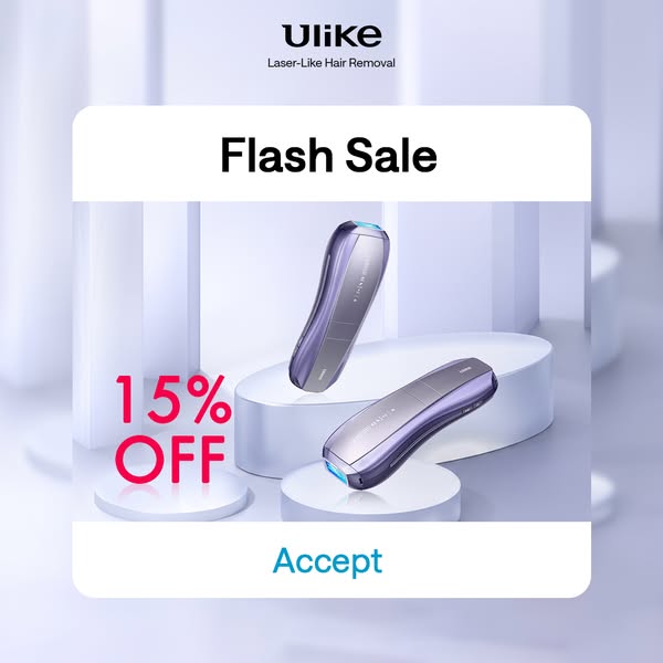 The ad promotes Ulike's Laser-Like Hair Removal device with a flash sale offering 15% off. The ad uses a clean and m