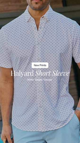 This ad showcases a man wearing the Halyard Short Sleeve shirt in a white tossed triangle pattern. The ad features the s