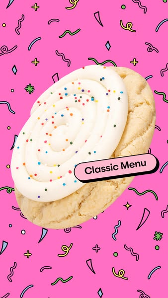 This image ad promotes a cookie with frosting and sprinkles. The ad has a bright pink background with colorful design el
