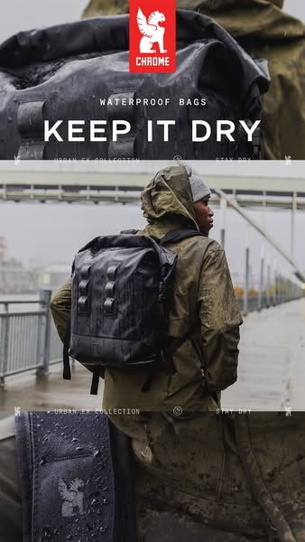 This ad for Chrome waterproof bags features a person wearing a Chrome backpack walking along a bridge in the rain. The a