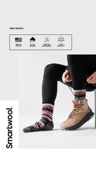 This ad showcases Smartwool hike socks, emphasizing their comfort, moisture management, and odor resistance. The visual 