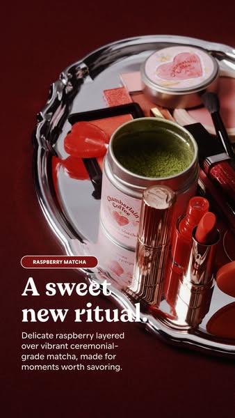 This ad features the Chamberlain Coffee Raspberry Matcha product. The ad highlights its delicate raspberry flavor, vibra