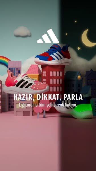 This ad shows three different pairs of Adidas sneakers in a city landscape. The shoes are placed on building props, and 
