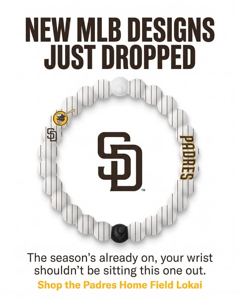 This image ad promotes the Lokai bracelet with the MLB San Diego Padres theme. The ad highlights a new design release, t
