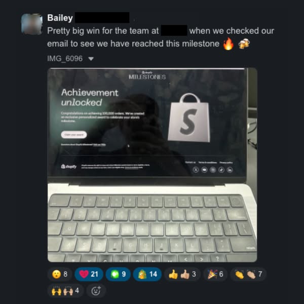 This ad is a screenshot of a social media post from an employee at a company that uses Shopify. The post celebrates the 