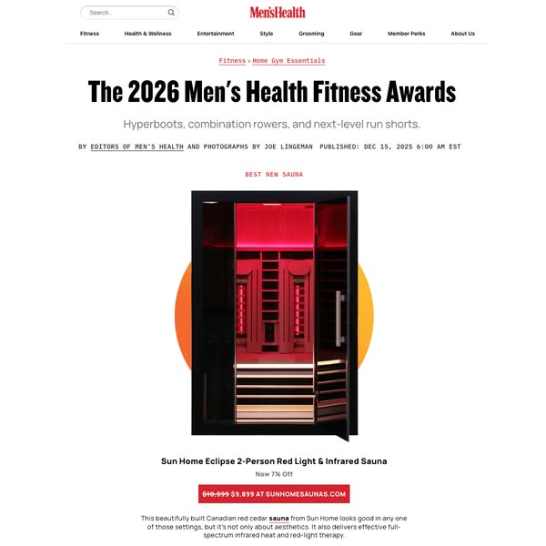 This ad showcases the Sun Home Eclipse 2-Person Red Light & Infrared Sauna as the 'Best New Sauna' according