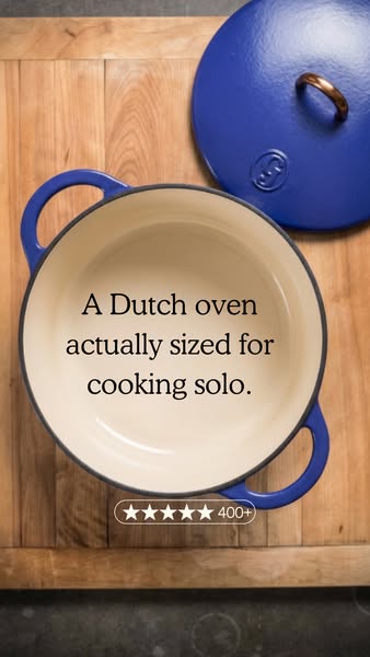 This ad features a Dutch oven that is sized for cooking solo. The ad emphasizes the 5-star rating, indicating a highly-r