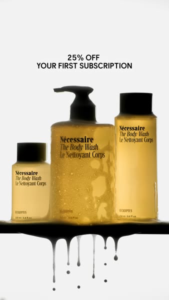 Ad for Nécessaire The Body Wash. The ad features a clean product display of three body wash bottles. The offer is 25% of