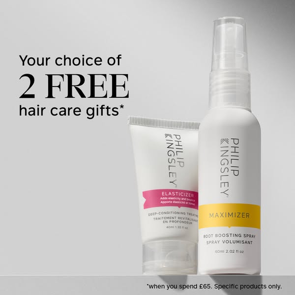 This ad promotes Philip Kingsley hair products by offering a choice of two free haircare gifts with a £65 purchase, high
