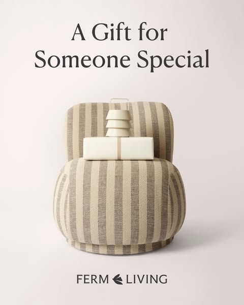 This ad by Ferm Living showcases a set of products, including a small tower of decorative boxes and a wrapped box, prese