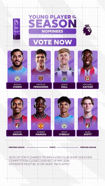 The ad promotes voting for the Young Player of the Season nominees in the Premier League. It features headshots of the n