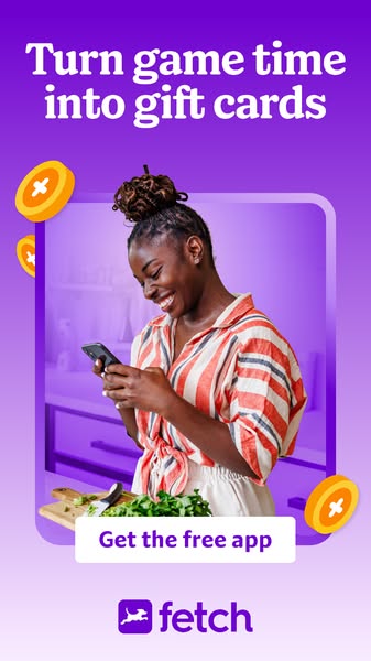 This ad promotes the Fetch app, which allows users to turn game time into gift cards. The ad features a woman smiling an