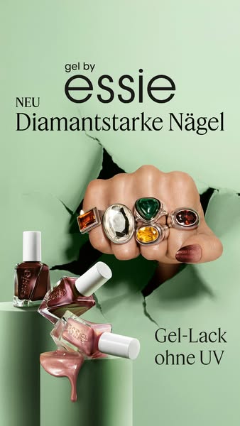This image ad showcases Essie's 'gel by essie' nail polish line. It presents three bottles of nail polish in