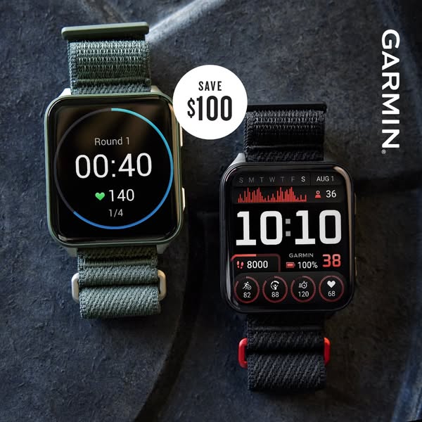 This ad features two Garmin smartwatches against a dark background with a special offer displayed.