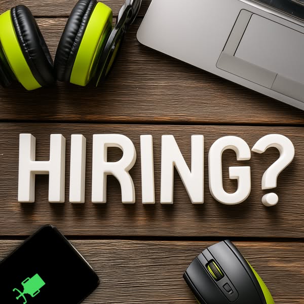 This image ad uses a flat lay of office items to ask the question "Hiring?"