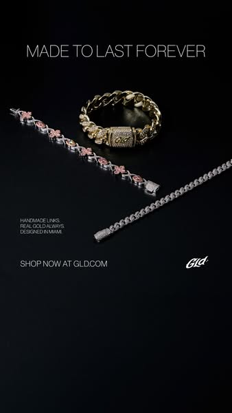 A product ad showcasing three different bracelets with a call to action to shop now.