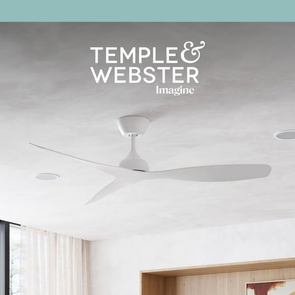 This ad showcases a modern ceiling fan from Temple & Webster, emphasizing its design and integration into a contempo