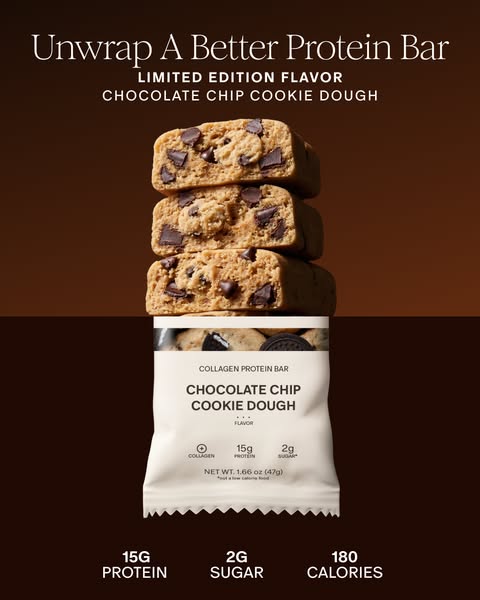 An image ad for Collagen Protein Bar featuring a stack of three chocolate chip cookie dough flavored protein bars on top