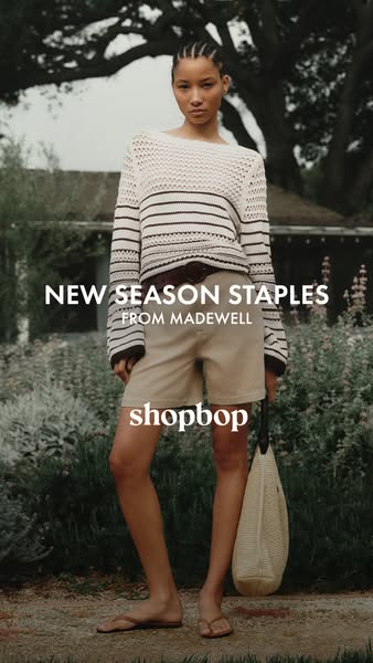 An image promotes new season staples from Madewell available at Shopbop, featuring a model in an outdoor setting. The ov