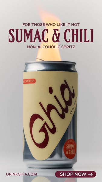 This ad features a can of Ghia Sumac & Chili non-alcoholic spritz with a flame effect at the top, targeting those wh