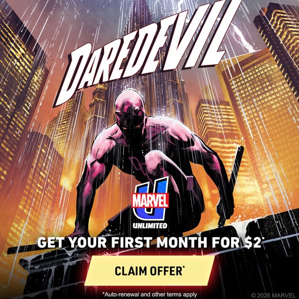 This image promotes Marvel Unlimited, highlighting the Daredevil comic series. The ad features an image of Daredevil in 